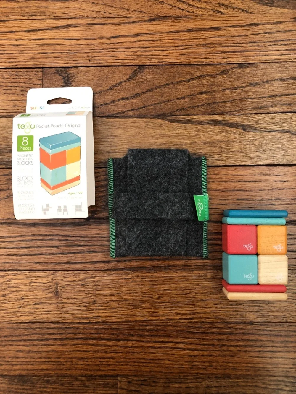 Tegu Original Pocket Pouch Magnetic Wooden Blocks in Sunset, 8 piece set